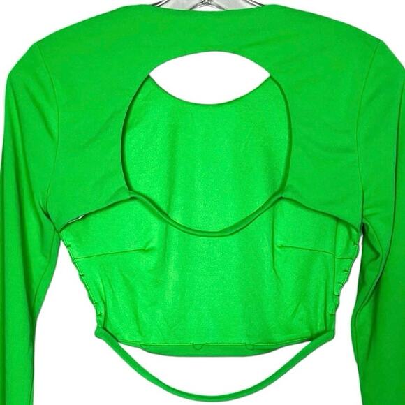 ZARA Long Sleeve Crop Top Open Back Cut Out Cropped Shirt Sz Small Green Stretch - Picture 5 of 8